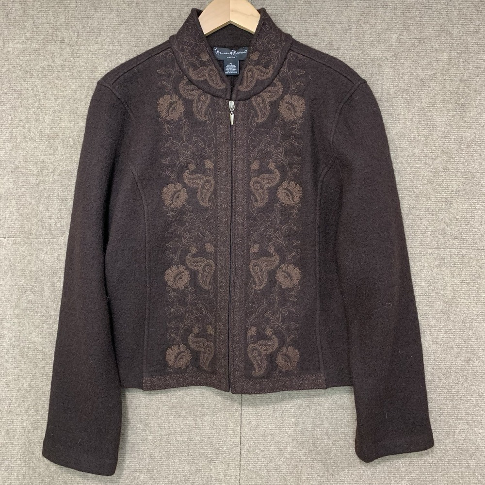 Vtg Women Boiled Wool Paisley Embroidered Jacket Petite L Granola Girl Academia